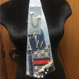 Denim Patchwork upcycle fancy necktie with Chain and Logo print.
